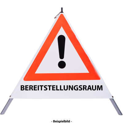 Faltsignal - Gefahrenstelle mit Text: BEREITSTELLUNGSRAUM Faltsignal - Gefahrenstelle mit Text: BEREITSTELLUNGSRAUM