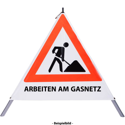 Faltsignal - Baustelle mit Text: ARBEITEN AM GASNETZ Faltsignal - Baustelle mit Text: ARBEITEN AM GASNETZ