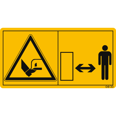 Maschinenschild Bei eingeschaltetem Antrieb und laufendem Traktormotor ausreichend Abstand zum Mähmesser halten Maschinenschild Bei eingeschaltetem Antrieb und laufendem Traktormotor ausreichend Abstand zum Mähmesser halten