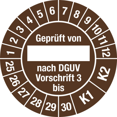 Prüfplaketten - Geprüft von ___ nach DGUV Vorschrift 3 bis K1/K2 Prüfplaketten - Geprüft von ___ nach DGUV Vorschrift 3 bis K1/K2