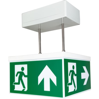 Rettungszeichenwürfel QUADRO CUBIC mit Pendelaufhängung, 7L-Schutzlicht Rettungszeichenwürfel QUADRO CUBIC mit Pendelaufhängung, 7L-Schutzlicht