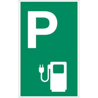 Parkplatzschild P mit Symbol 'E-Ladesäule' (grüner Grund) Parkplatzschild P mit Symbol 'E-Ladesäule' (grüner Grund)