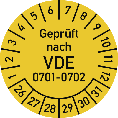 Prüfplakette Geprüft nach VDE 0701-0702 mit Monats- und Tagesangaben in Gelb