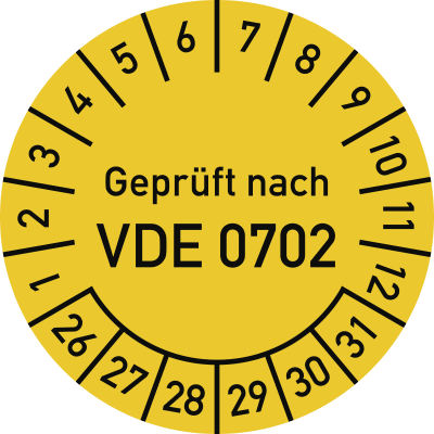Prüfplakette Geprüft nach VDE 0702 mit Monats- und Tagesangaben in Gelb