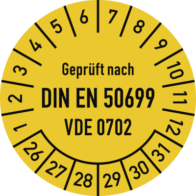 Prüfplakette Geprüft nach DIN EN 50699 VDE 0702 gelb mit Monats- und Tagesangaben