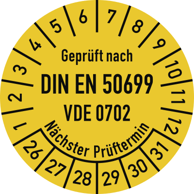 Prüfplakette - Geprüft nach DIN EN 50699 VDE 0702, Nächster Prüftermin-30174-bu0a43-1765188754947