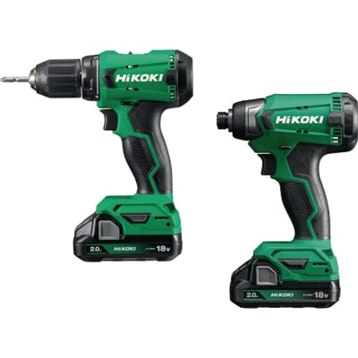 Akku-Bohrschrauber-Set HIKOKI mit 18V Li-Ion Akku und 2.0 Ah Kapazität, bestehend aus Bohrschrauber und Schlagschrauber in grün und schwarz