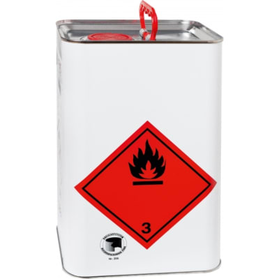 Weißer Metallkanister mit rotem Gefahrensymbol für entzündbare Flüssigkeiten, Primer für thermoplastische Fahrbahnmarkierung