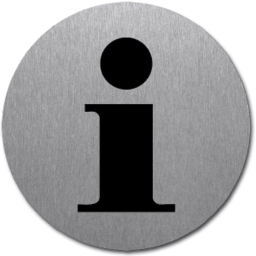 Rundes Piktogramm mit schwarzem Informationssymbol auf gebürstetem Metallhintergrund