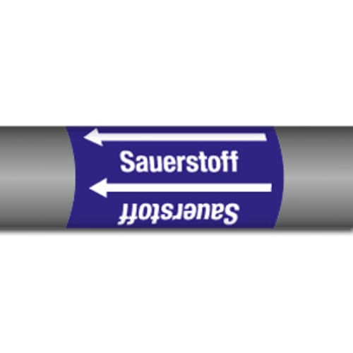 Rohr mit blauer Kennzeichnung und weißem Schriftzug Sauerstoff, Gruppe 0