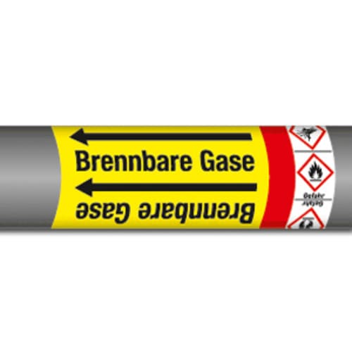 Rohr mit Aufschrift Brennbare Gase und Gefahrstoffsymbol GHS für Gruppe 4