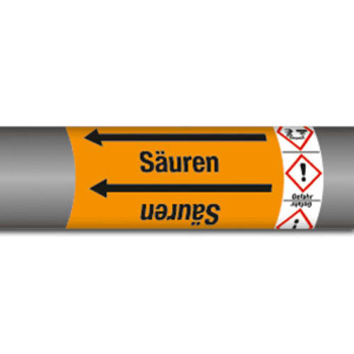 Rohrmarkierung Gruppe 6 Säuren mit Gefahrstoffsymbol GHS auf orangenem Hintergrund und schwarzen Pfeilen