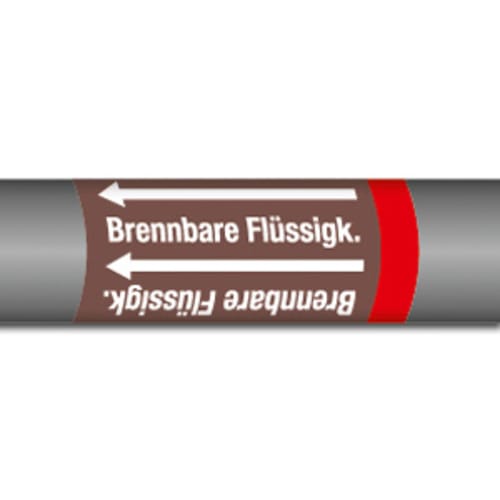 Rohr mit Kennzeichnung Gruppe 8 Brennbare Flüssigkeiten und Richtungspfeil