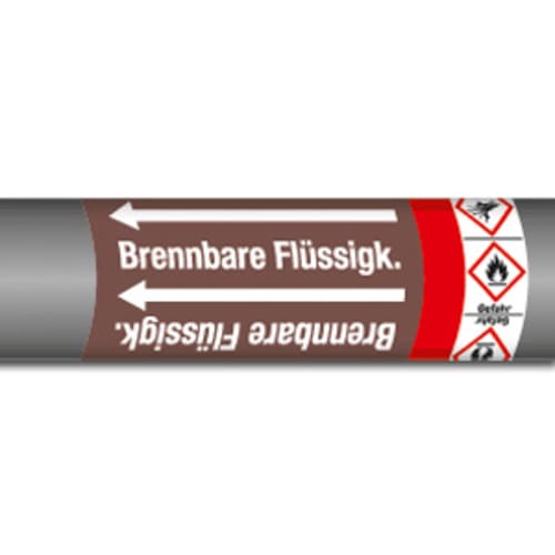 Gefahrstoffsymbol GHS für brennbare Flüssigkeiten auf einem Rohr mit der Aufschrift Brennbare Flüssigkeit