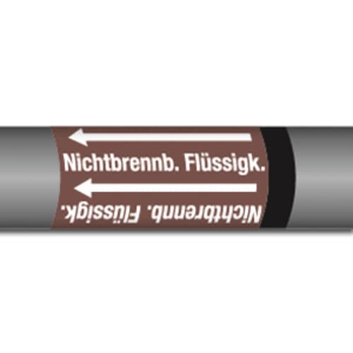 Rohr mit braunem Etikett und Aufschrift Nichtbrennbare Flüssigkeiten Gruppe 9