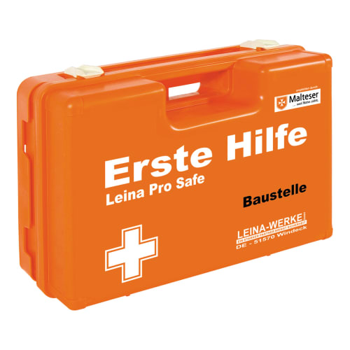 Oranger Erste Hilfe Koffer Leina Pro Safe für Baustelle mit weißem Kreuz