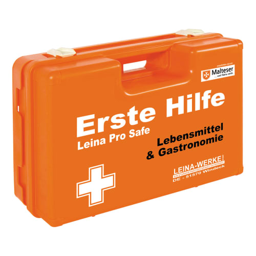 Oranger Erste Hilfe Koffer Leina Pro Safe für Lebensmittel und Gastronomie mit weißem Kreuz