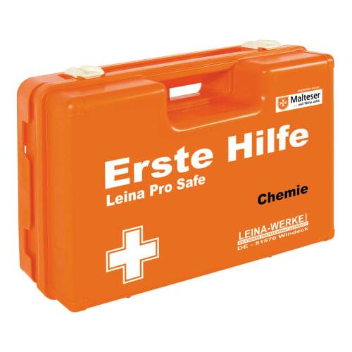 Oranger Erste Hilfe Koffer Leina Pro Safe für Handwerk und Chemie mit weißem Kreuz