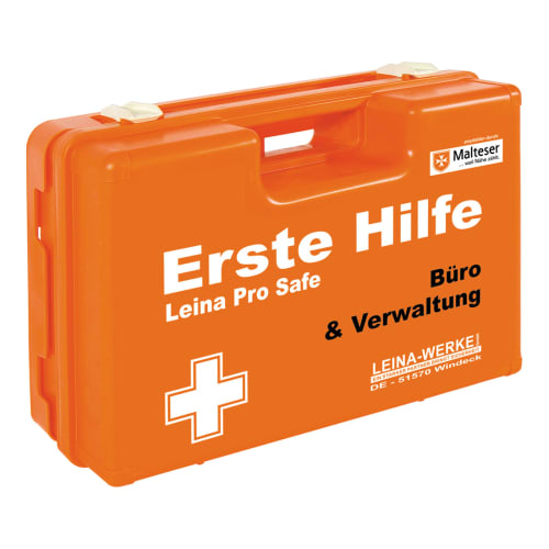 Oranger Erste-Hilfe-Koffer Leina Pro Safe für Büro und Verwaltung mit weißem Kreuz und Malteser Logo