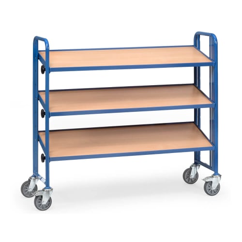 FETRA Montagewagen 2883 mit 3 Etagen, blaue Metallrahmen und Holzablagen, Breite 1240 mm, Tragkraft 250 kg, mit vier Lenkrollen