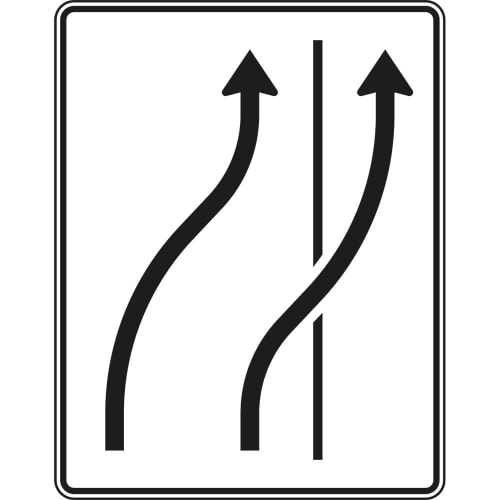 Verkehrszeichen VZ 511-26 Verschwenkungstafel 2-streifig, 1-streifig auf den Seitenstreifen mit zwei schwarzen Pfeilen auf weißem Hintergrund