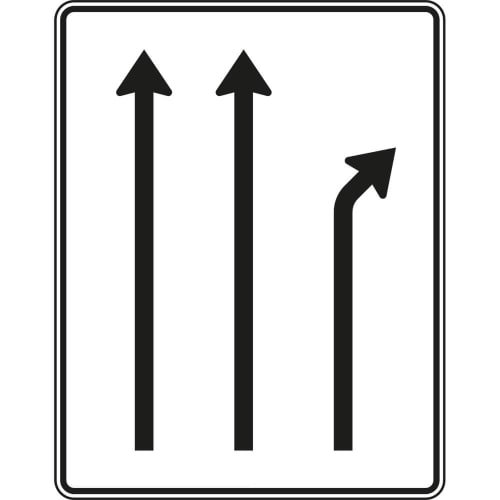 Verkehrszeichen Trennungstafel mit 2-streifig durchgehenden Pfeilen und 1-streifig rechts abgehendem Pfeil VZ 533-20