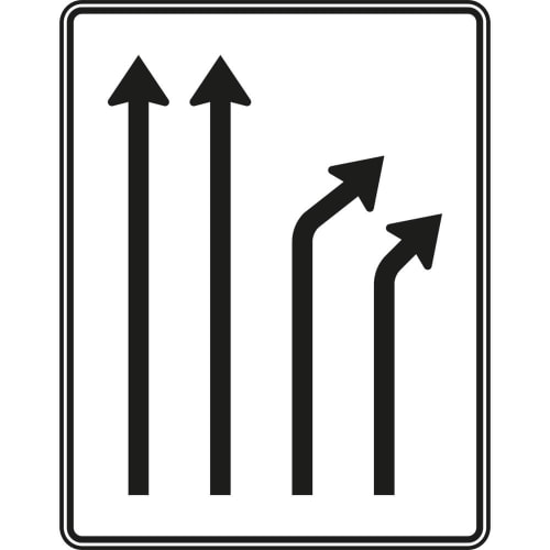 Verkehrszeichen Trennungstafel 2-streifig durchgehend und 2-streifig rechts ab mit schwarzen Pfeilen auf weißem Hintergrund