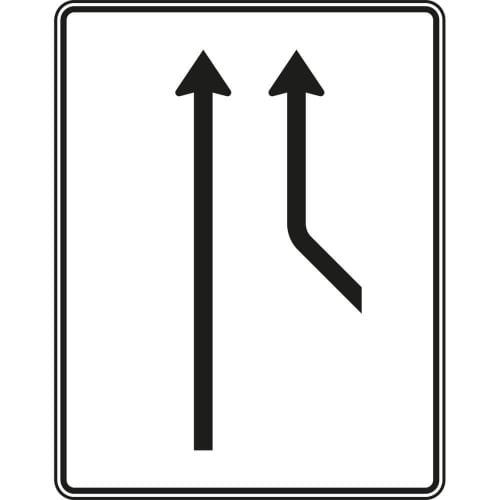 Zusammenführungstafel an durchgehender Strecke mit 1-streifig einmündender und 1-streifig durchgehender Fahrspur, Verkehrszeichen Nr. 550-20