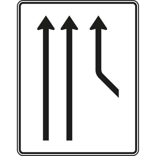 Verkehrszeichen Zusammenführungstafel an durchgehender Strecke mit 1-streifig einmündender und 2-streifig durchgehender Fahrspur