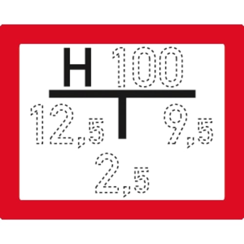 Hinweisschild auf einen Unterflurhydranten A nach DIN 4066 mit Abstandsangaben 100, 12,5, 9,5 und 2,5