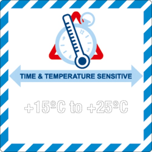 Gefahrzettel Zeit & Temperaturempfindlich mit Thermometer und Uhr Symbol, Temperaturbereich +15°C bis +25°C, Time & Temperature Sensitive Warnhinweis