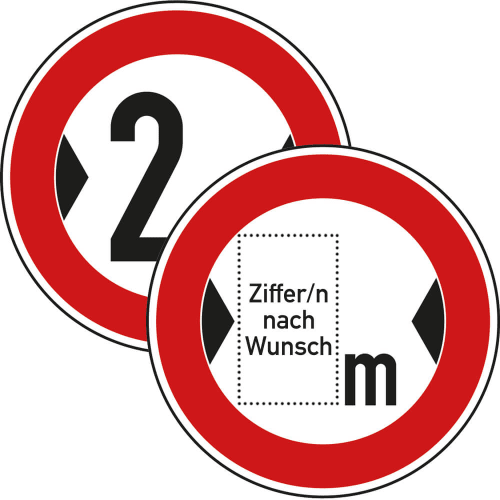 Verkehrsschild Verbot für Fahrzeuge über angegebene tatsächliche Breite mit rotem Rand und schwarzer Zahl 2 sowie Platzhalter für individuelle Breitenangabe in Metern