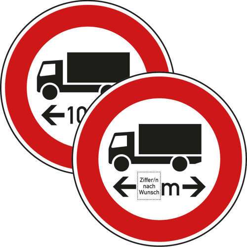 Verkehrsschild Verbot für Fahrzeuge und Züge über angegebene tatsächliche Länge mit LKW-Symbol und Pfeilen