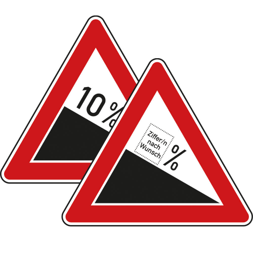 Gefälle Verkehrsschild VZ 108 mit 10 Prozent Steigung und anpassbarem Prozentwert
