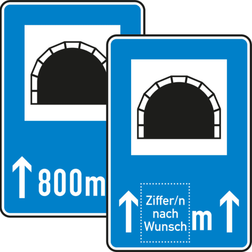 Verkehrsschild Tunnel mit Längenangabe 800 Meter VZ 327-50 blau weiß schwarz