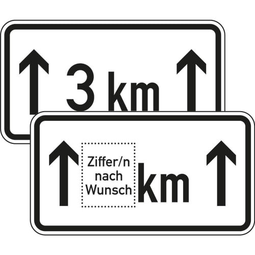 Verkehrsschild Auf ... km VZ 1001-31 mit Pfeilen und km-Angabe