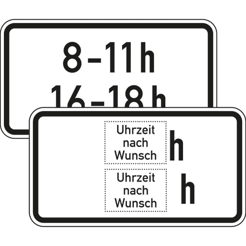 Verkehrsschild Zeitliche Beschränkung zweizeilig mit Zeiten 8-11h und 16-18h sowie Platz für individuelle Uhrzeiten