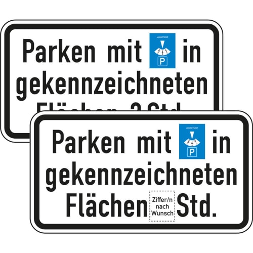 Verkehrsschild Parken mit Parkscheibe in gekennzeichneten Flächen mit Zeitangabe in Stunden