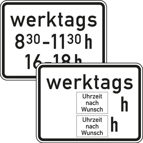 Verkehrsschild Zeitliche Beschränkung werktags zweizeilig mit Uhrzeiten 8:30-11:30 und 16-18 Uhr
