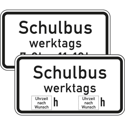 Verkehrsschild Schulbus werktags mit tageszeitlicher Benutzung und Uhrzeit nach Wunsch