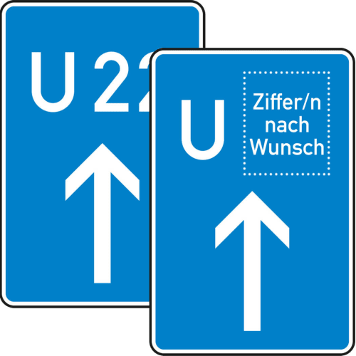 Bedarfsumleitung Ankündigung geradeaus Verkehrsschild VZ 460-30 blau mit weißem Pfeil nach oben und U-Zeichen