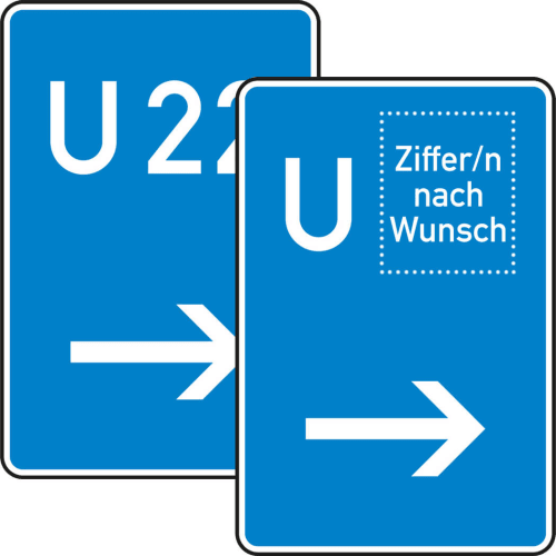 Bedarfsumleitung hier rechts Verkehrsschild VZ 460-21 blau mit weißem Pfeil nach rechts und U-Bahn Symbol