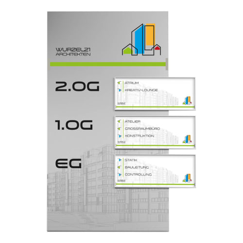 MADRID Hauptwegweiser mit Stockwerksangaben und Raumbezeichnungen von Wurzel21 Architekten, zeigt 2.OG Atrium und Kreativ-Lounge, 1.OG Atelier, Grossraumbüro und Konstruktion, EG Statik, Bauleitung und Controlling