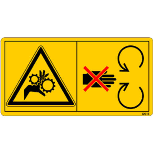 Warnschild Schutzeinrichtung bei laufendem Motor nicht öffnen oder entfernen mit Symbolen für Handgefahr und Verbot