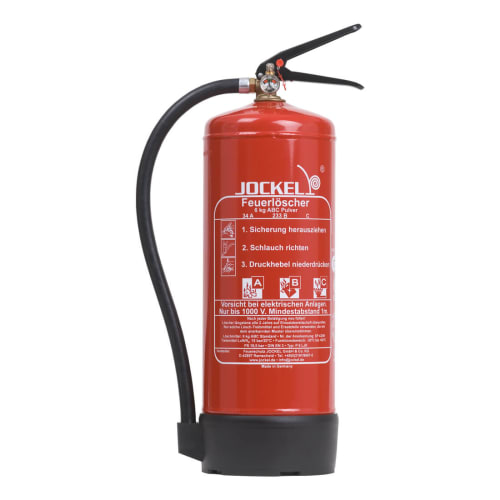 Roter ABC Pulver-Dauerdruck-Feuerlöscher P6 / P9 / P12 LJ Standard von Jockel mit schwarzem Schlauch und Bedienungsanleitung