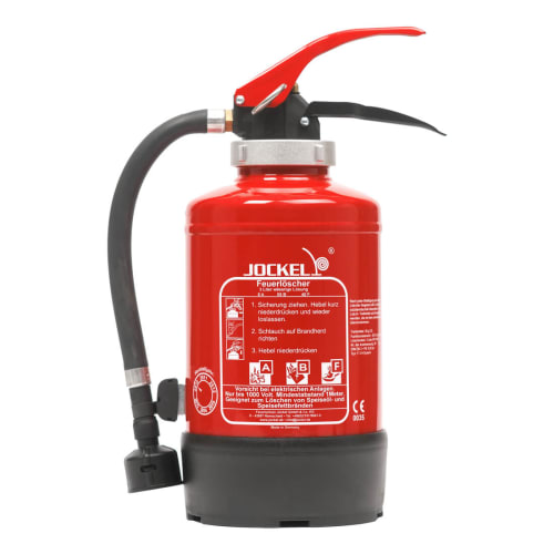 Fettbrand-Auflade-Feuerlöscher F3 H System von Jockel mit rotem Gehäuse und schwarzem Schlauch