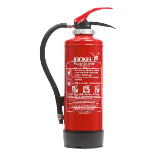 Roter ABC Pulver-Auflade-Feuerlöscher P6 / P12 H System von Jockel mit schwarzem Schlauch und Bedienungsanleitung