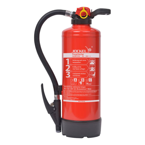 ABC Pulver-Auflade-Feuerlöscher P6 P9 P12 JX von Jockel, roter Feuerlöscher mit Bedienungsanleitung und Schlauch