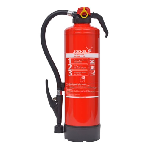 Wasser-Auflade-Feuerlöscher W6 / W9 JX von Jockel, roter Feuerlöscher mit schwarzem Schlauch und Bedienhebel