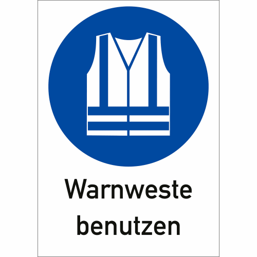 Kombi-Gebotsschild Warnweste benutzen mit ISO 7010 Symbol in Blau und Weiß